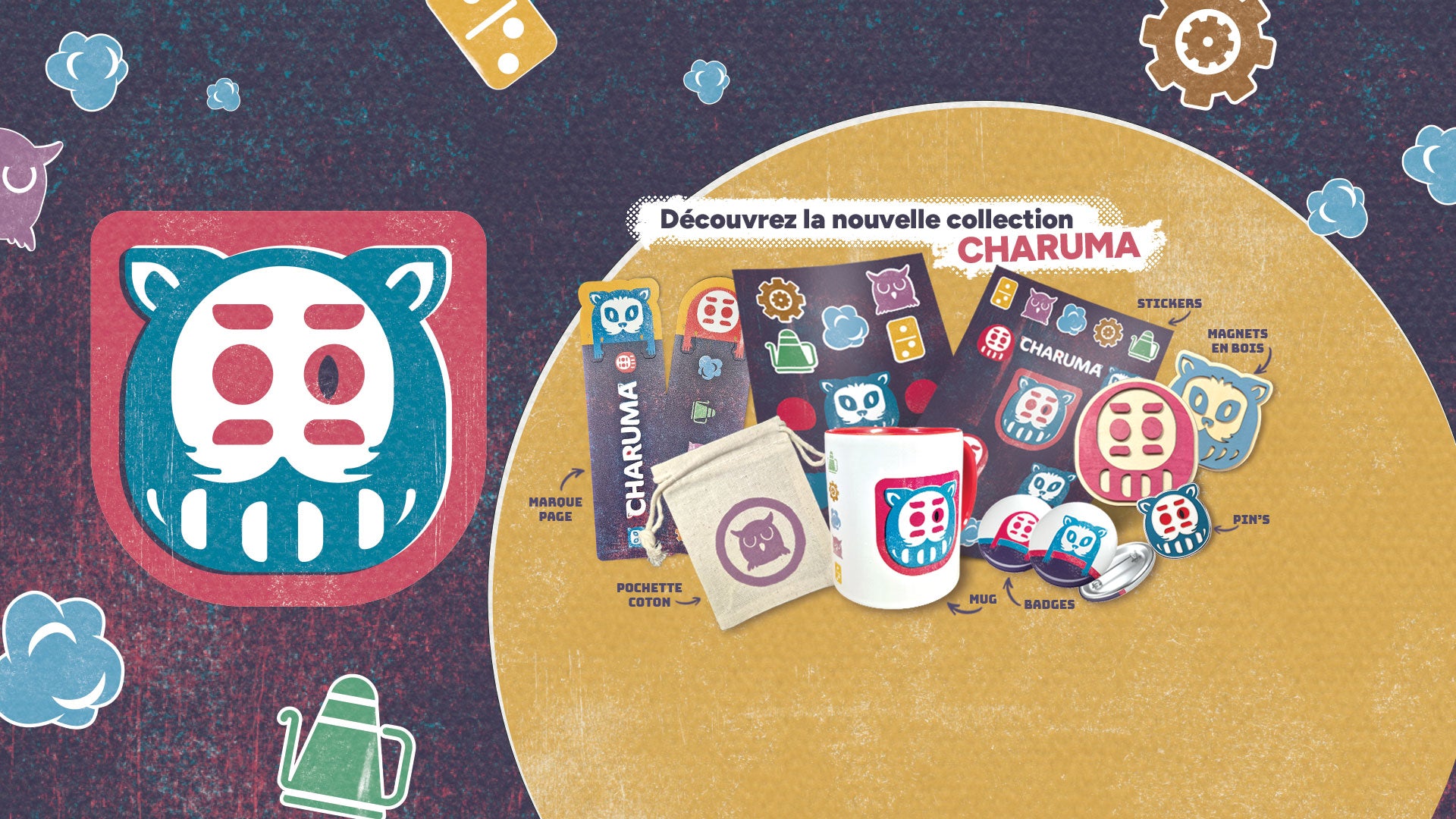 bannière de présentation des produits de la licence du jeu de société Charuma de chez Darucat