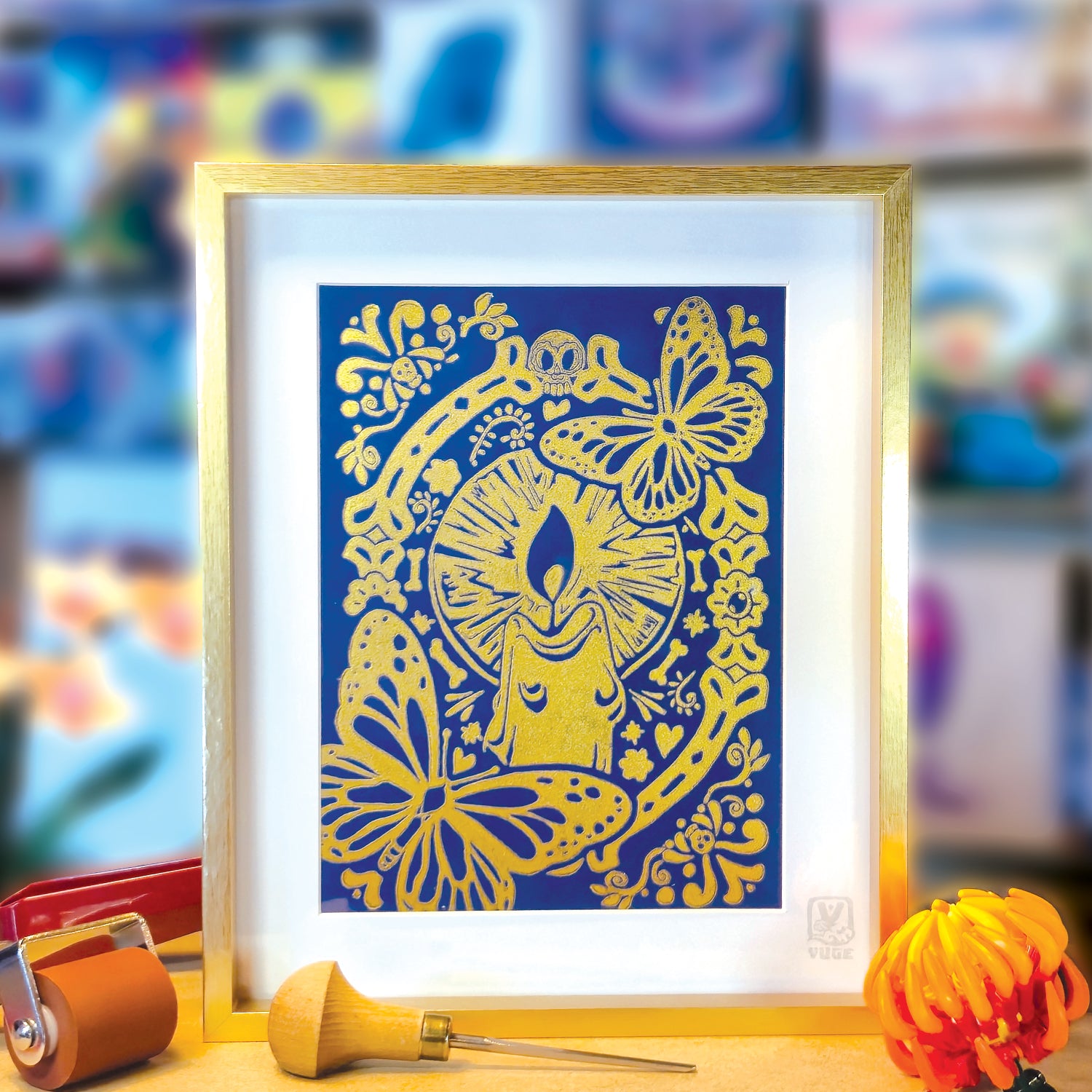 Impression de la linogravure de Viva Catrina