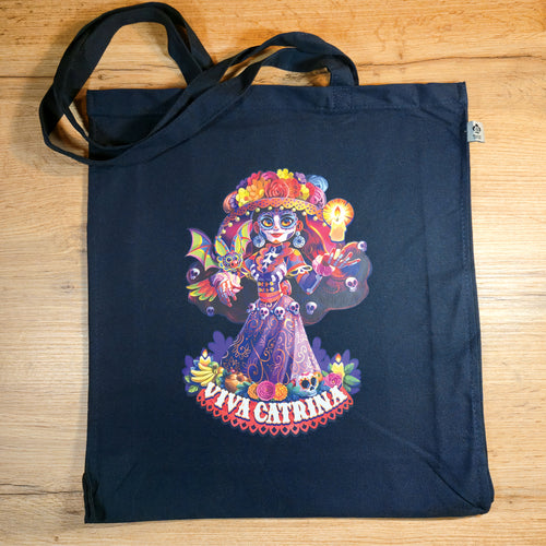 tote bag bleu foncé avec illustration viva catrina